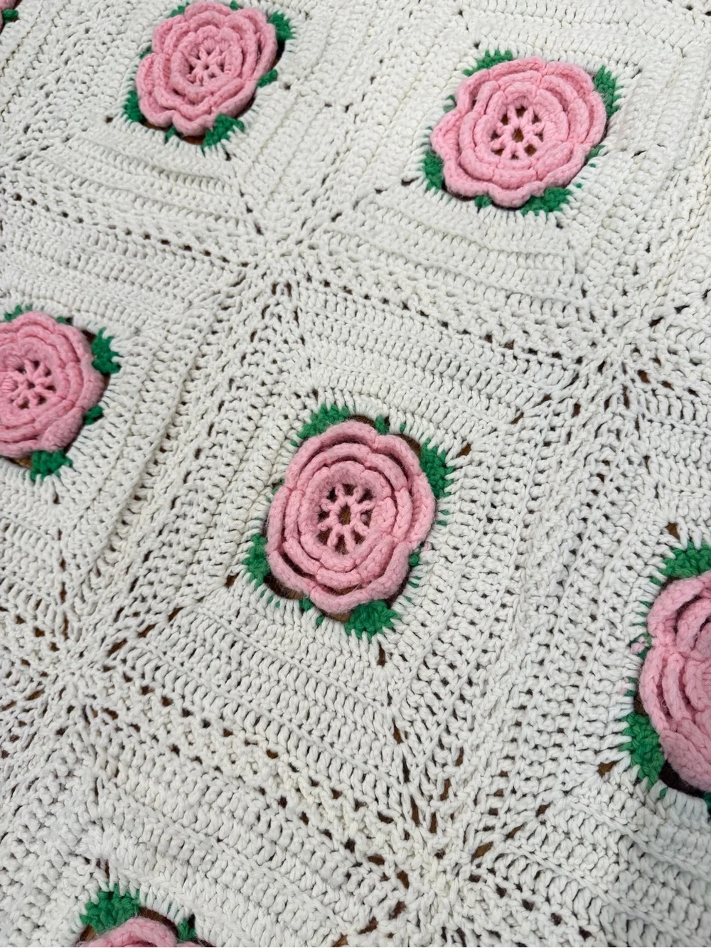 Handmade Cream Crochet Throw Blanket Pink Rose Appliqués King about 117x110”